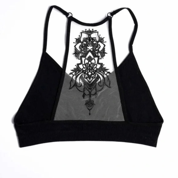 Black Boho Floral Lace Mesh Racerback Bralette - Picture 4 of 4